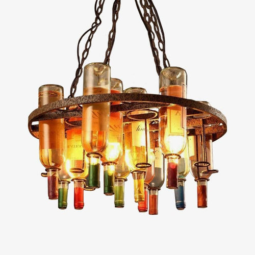 Lustre rustique en métal rétro et bouteilles en verre colorées 60x32cm