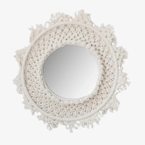 Miroir mural rond en tissu beige Bohemian