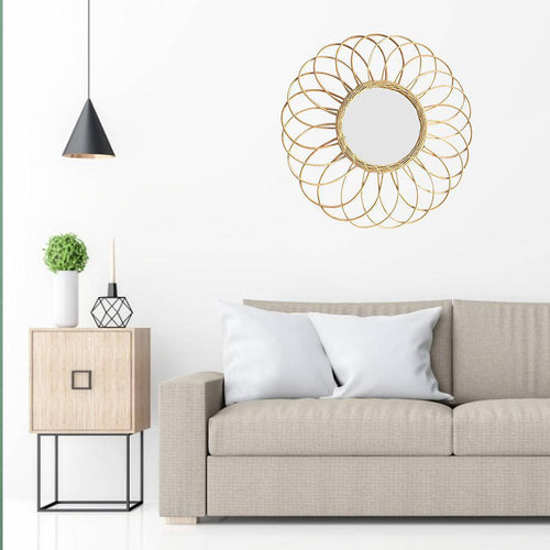 Miroir mural rond en rotin en forme de rosace Macrame