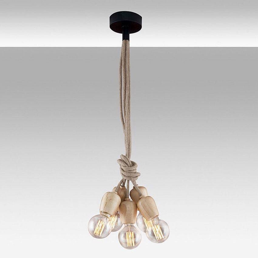 Suspension à 5 lampes en bois suspendues sur cordages - vue 3 sur 4