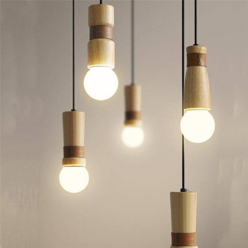 Suspension LED de formes cylindriques en bois avec bracelet simili cuir
