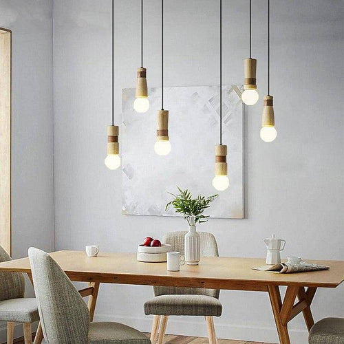 Suspension LED de formes cylindriques en bois avec bracelet simili cuir