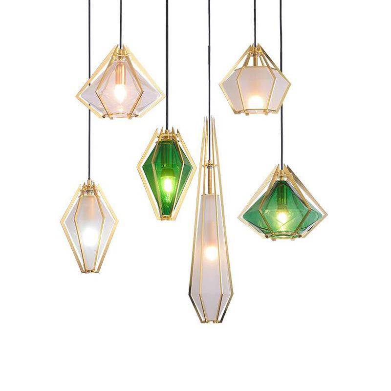 Suspension design à LED en verre et cage dorées