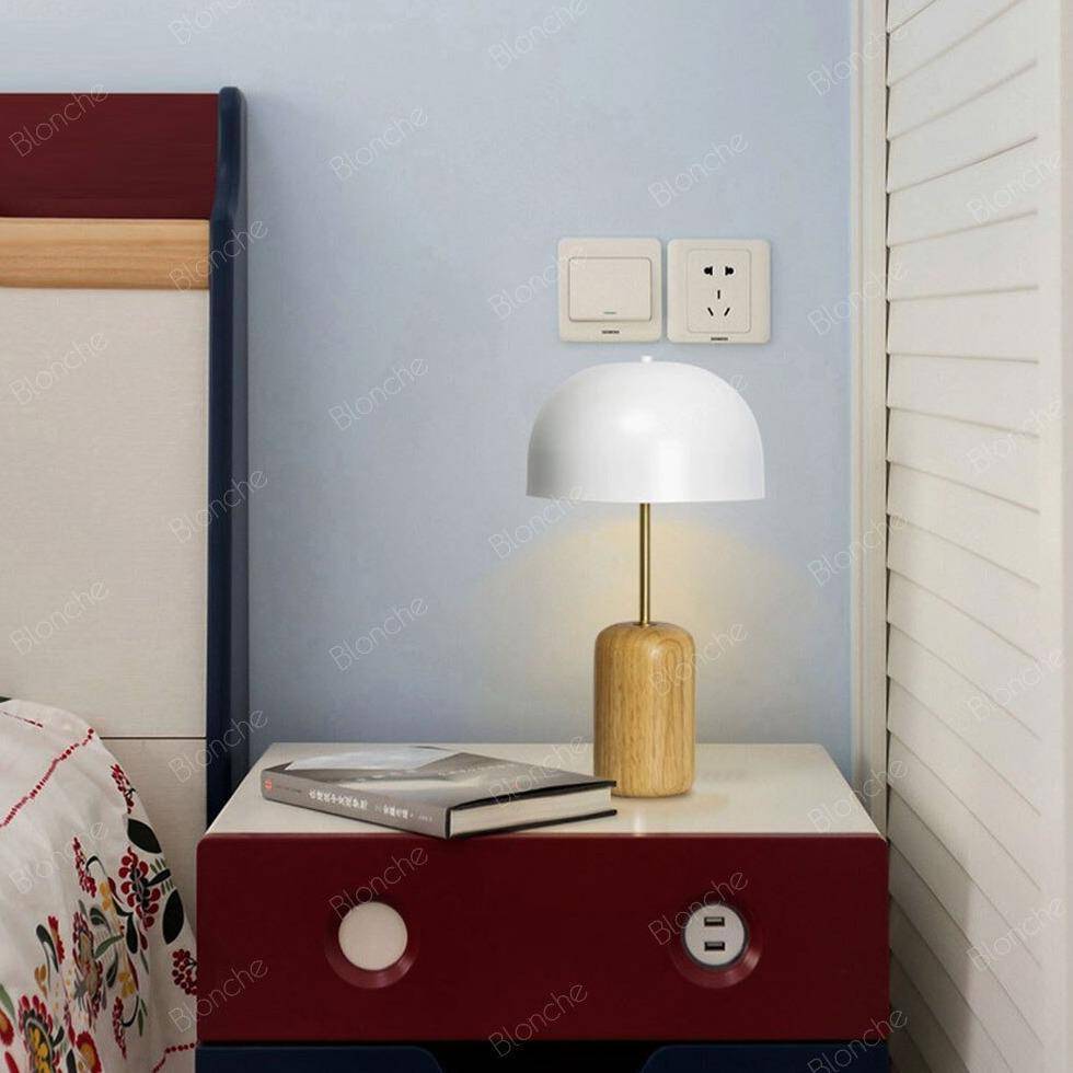 Lampe à poser LED en bois avec abat-jour arrondi blanc - vue 5 sur 5