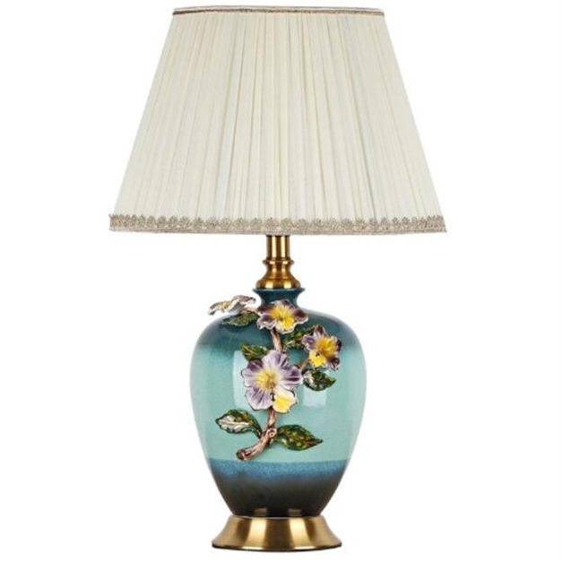 LED-Tischlampe aus Keramik mit Blumen und farbigem Lampenschirm im japanischen Stil