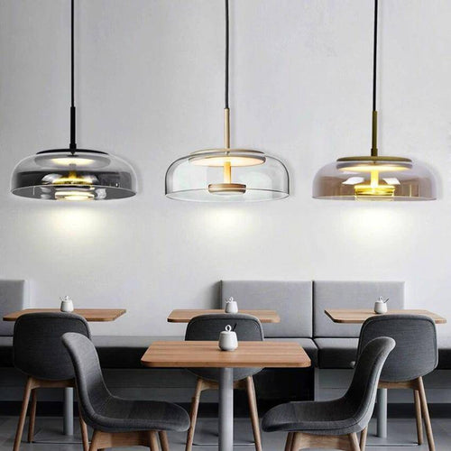 Suspension design en verre fumé et tige dorée Amber