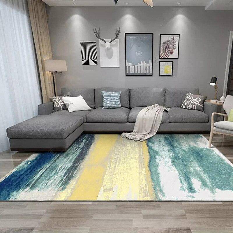 Tapis design rectangle tableau abstrait bleu et jaune Area