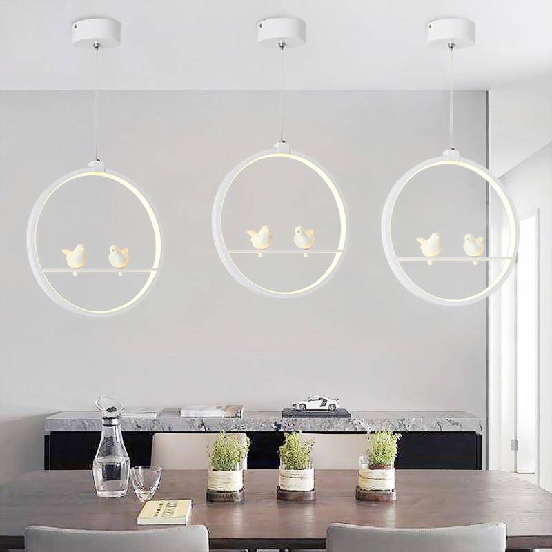 Suspension LED moderne rond avec oiseaux (noir ou blanc)