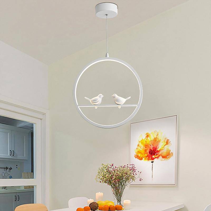 Suspension LED moderne rond avec oiseaux (noir ou blanc)