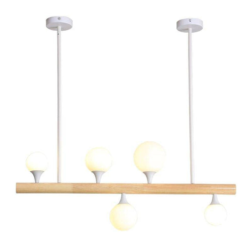 Lustre scandinave LED allongé en bois et boules en verre