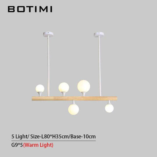Lustre scandinave LED allongé en bois et boules en verre