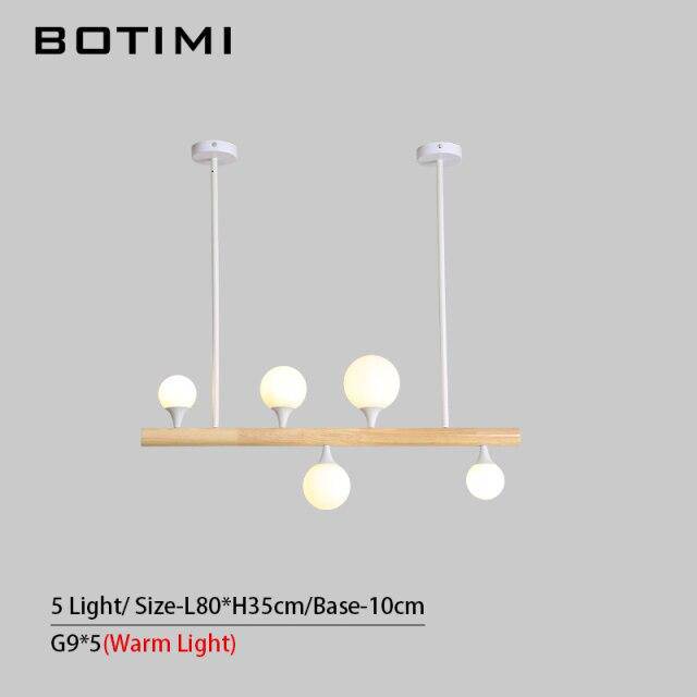 Lustre scandinave LED allongé en bois et boules en verre