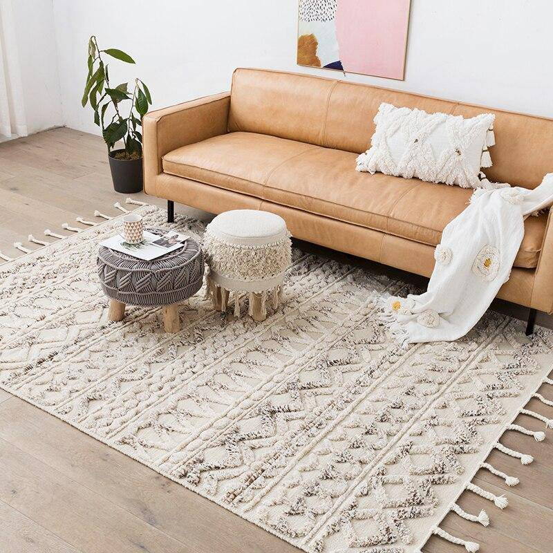 Tapis indien rectangle en laine fait à la main avec franges Woven - vue 5 sur 6