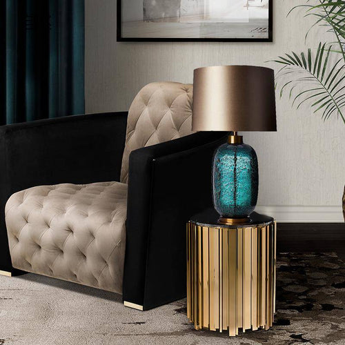 Design-Tischlampe LED aus gemustertem Glas mit Metallschirm - vue 4 sur 3