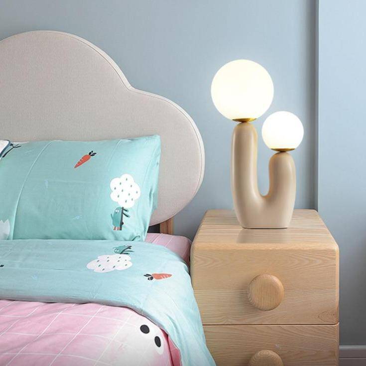 Lampe de chevet design LED en résine rose et double boule en verre - vue 6 sur 8