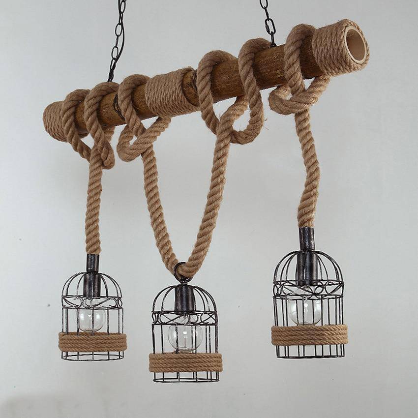 Rustikale LED-Pendelleuchte aus Holz mit Seil und mehreren Metallkäfigen im Retro-Stil - vue 4 sur 7