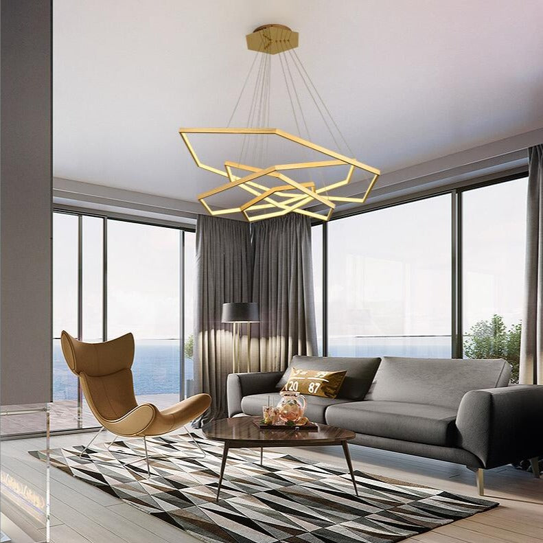 Lustre design LED avec anneaux dorés au style géométrique Luxury - vue 3 sur 5