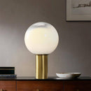 Design-Tischlampe LED in zylindrischer Form, goldfarben mit weißer Glaskugel