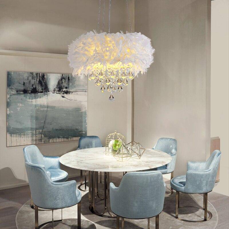 Lustre rond moderne LED en plumes et verre cristal - vue 3 sur 3