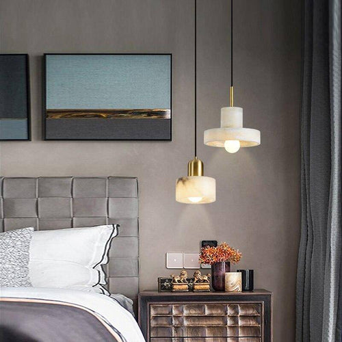 Design-Pendelleuchte LED mit rundem Lampenschirm aus weißem Marmor Luxury - vue 4 sur 7