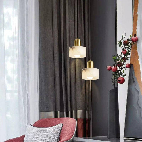 Design-Pendelleuchte LED mit rundem Lampenschirm aus weißem Marmor Luxury - vue 5 sur 7