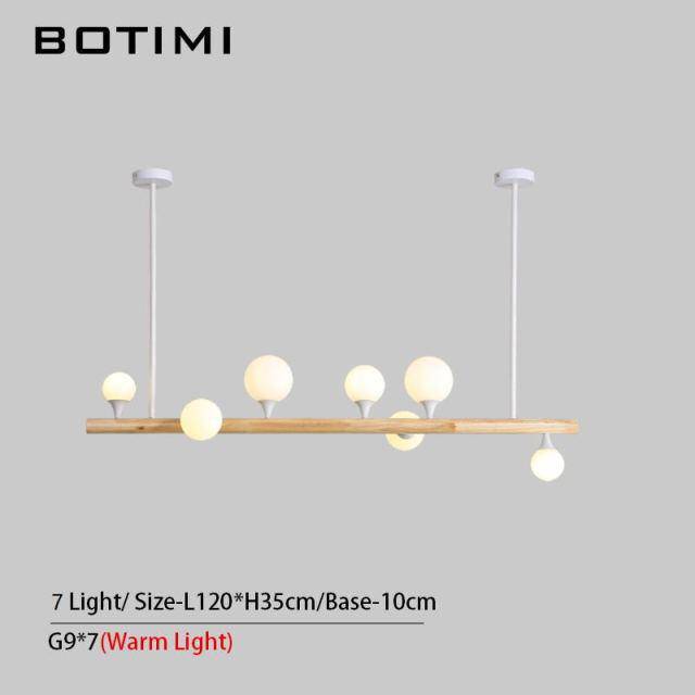 Lustre scandinave LED allongé en bois et boules en verre - vue 3 sur 5