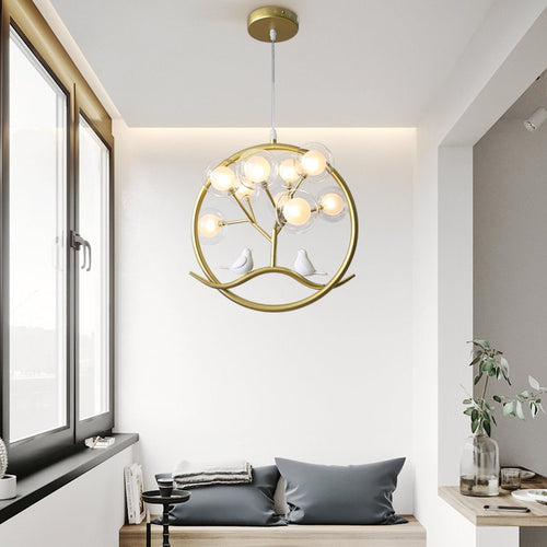Lustre moderne avec arbre et oiseaux dans anneau Rhym
