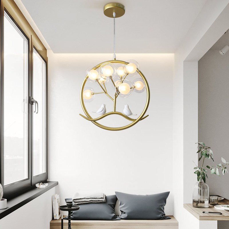 Lustre moderne avec arbre et oiseaux dans anneau Rhym