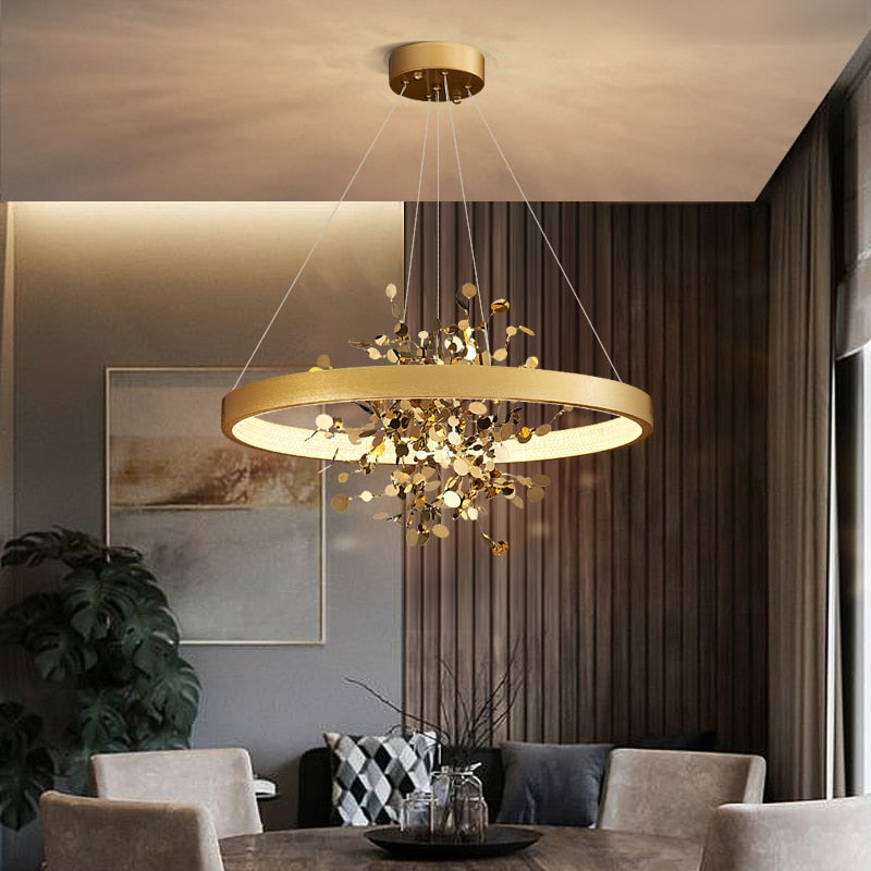 Moderner LED-Kronleuchter mit Ring und goldenen Blättern Bahia - vue 3 sur 5