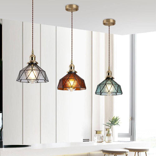 Suspension design à LED avec abat-jour en verre coloré rétro Loft