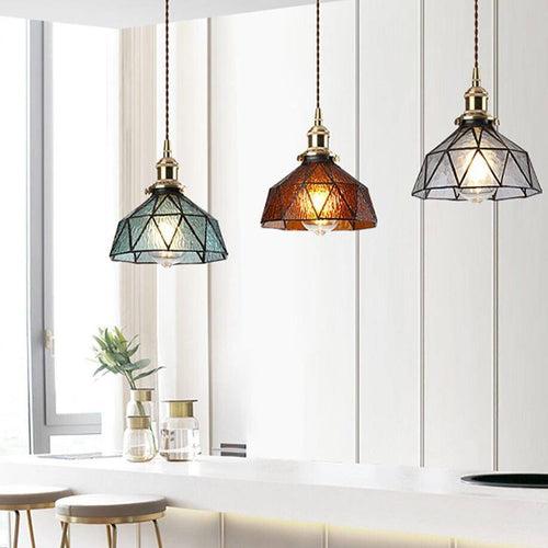 Suspension design à LED avec abat-jour en verre coloré rétro Loft