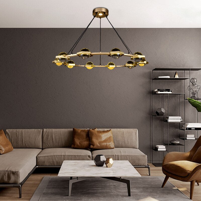 Lustre moderne luxe circulaire en cuivre et cristal Pryccilia