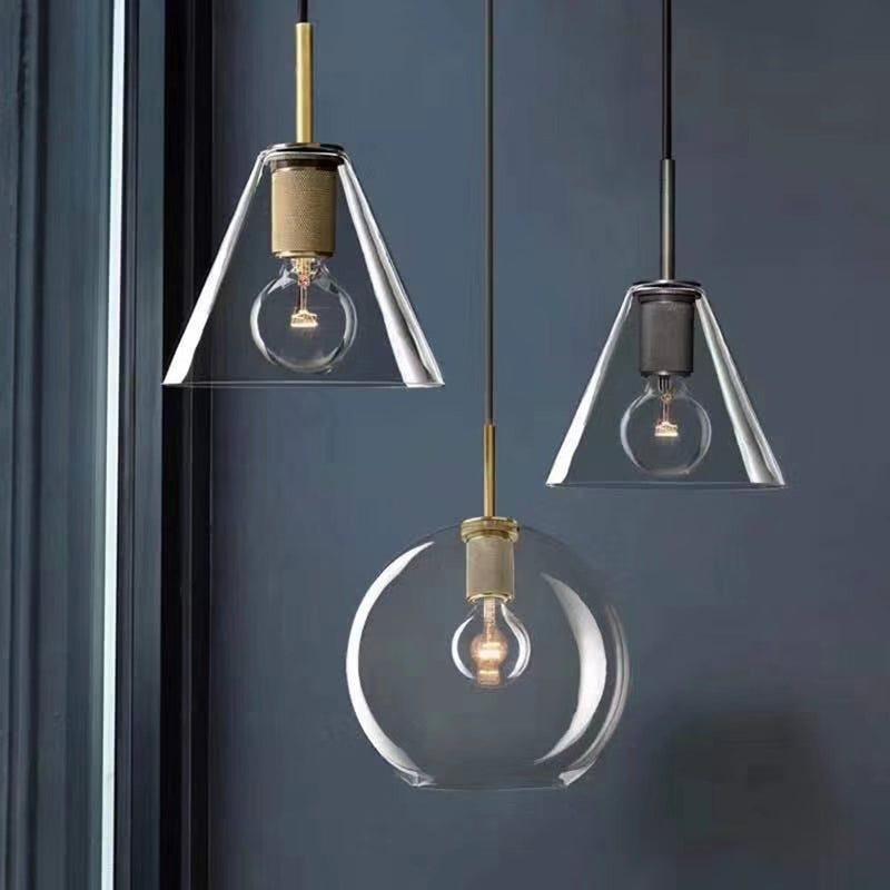 Suspension industrielle en verre et en métal doré Haivy