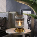 Zylindrische Tischlampe aus farbigem Glas mit goldener Basis Quinn