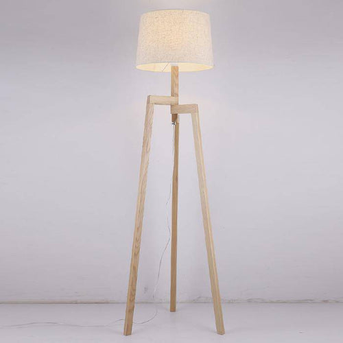 Lampadaire en bois Modern Wood sur 3 pieds avec abat-jour en tissu