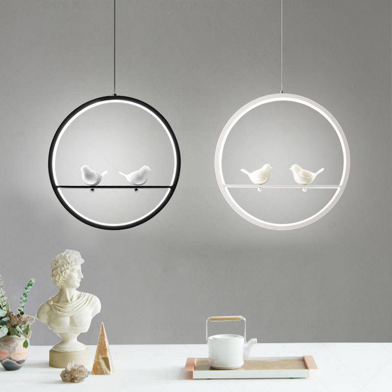 Suspension LED moderne rond avec oiseaux (noir ou blanc)