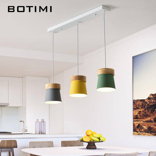 Suspension triple à LED en bois et métal de couleur