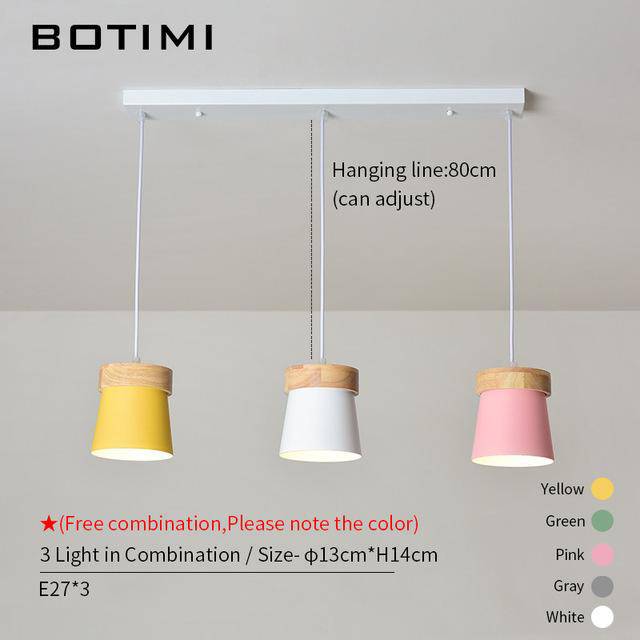 Suspension triple à LED en bois et métal de couleur - vue 5 sur 7
