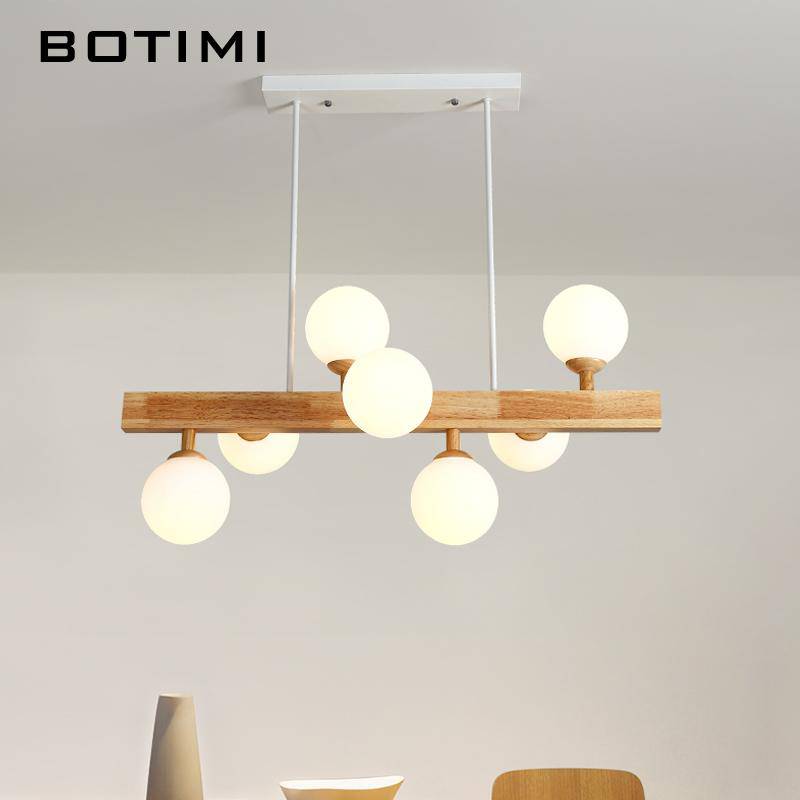 Lustre LED en bois avec lampe dans boule en verre