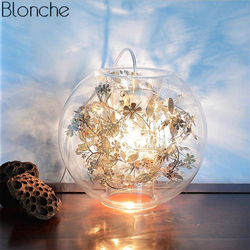 Lampe à poser boule en verre avec feuilles - vue 3 sur 10