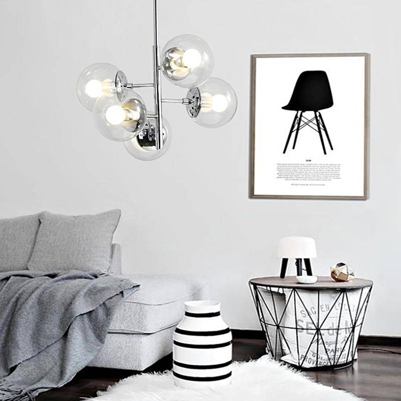 Suspension design LED chromée et boule en verre