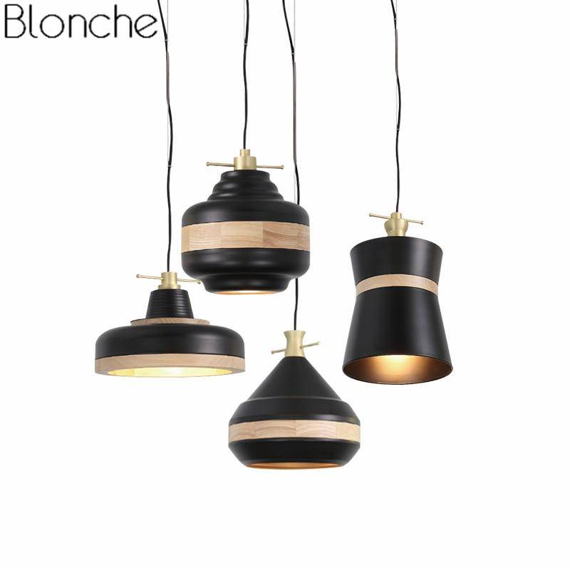Suspension moderne LED noire et bandeau bois Country