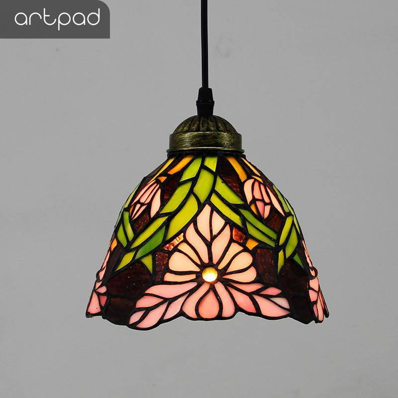 Suspension rétro à LED avec abat-jour verre aux motifs fleurs - vue 6 sur 7