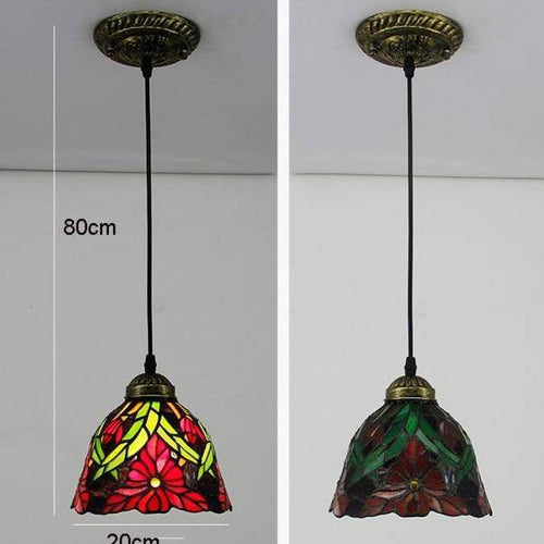 Suspension rétro à LED avec abat-jour verre aux motifs fleurs
