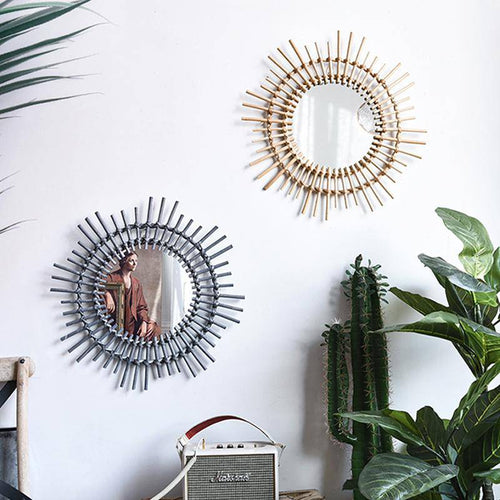 Miroir mural décoratif rond en rotin doré Rattan - vue 3 sur 5