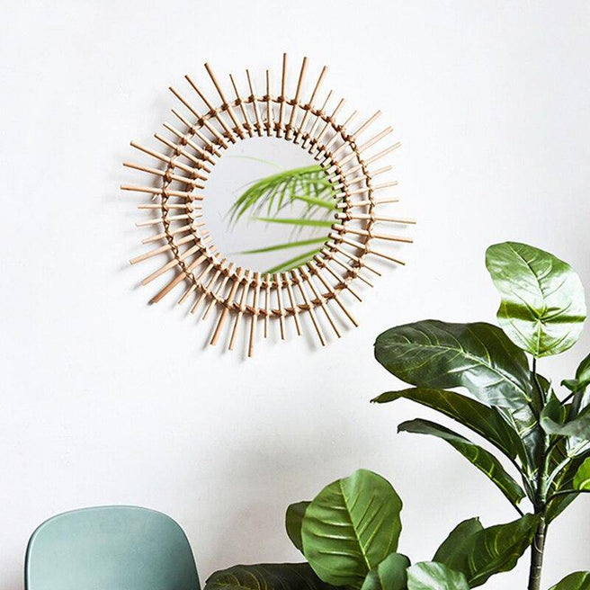 Miroir mural décoratif rond en rotin doré Rattan