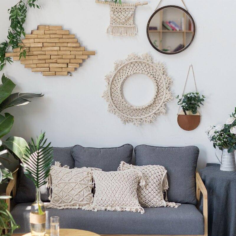 Miroir mural rond en tissu beige Bohemian - vue 3 sur 7