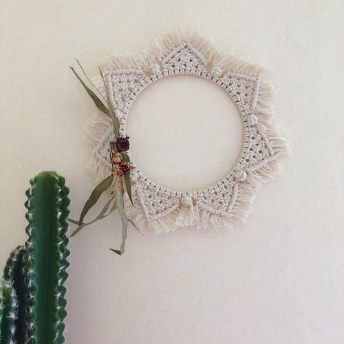 Miroir mural rond en tissu beige Bohemian