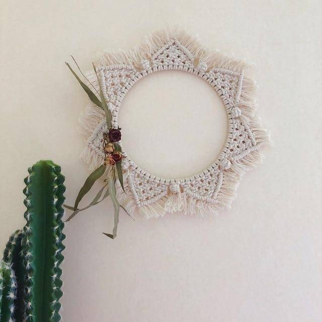 Miroir mural rond en tissu beige Bohemian
