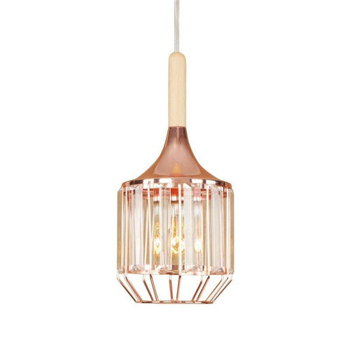 Retro LED-Pendelleuchte aus roségoldenem Metall und Kristallglas - vue 2 sur 3